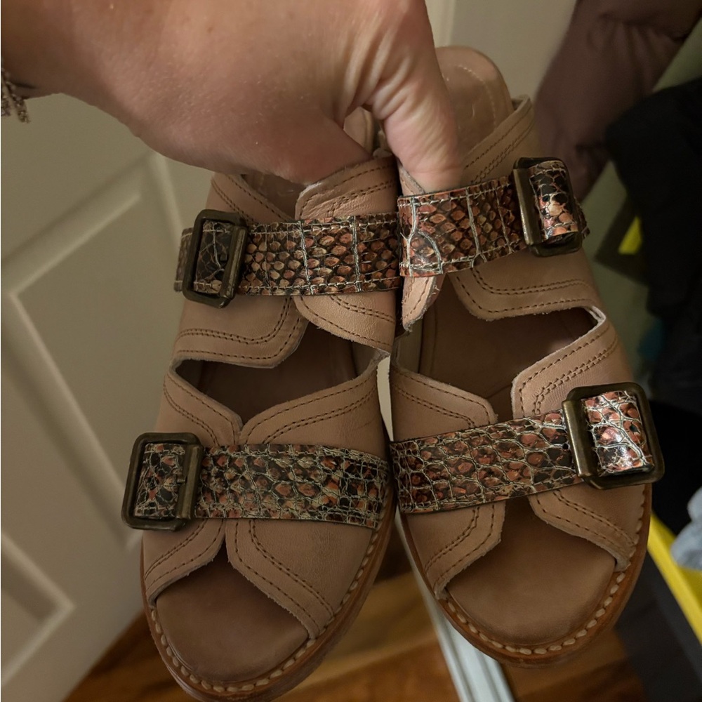 Tan Sandals with Snakeskin Buckles Freebird